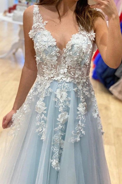 Long A Line V Neck Tulle Lace 3D Flowers Formal Graduation Prom Dresses