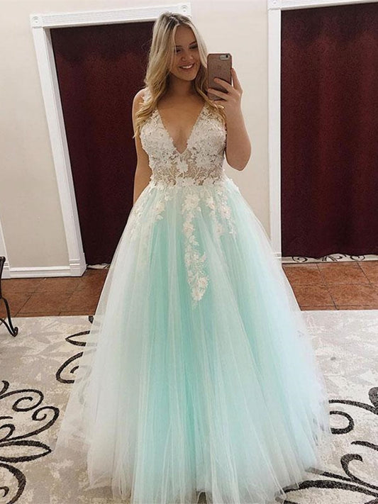 Langes A-Linien-Abendkleid mit V-Ausschnitt und Tüllspitze und Applikationen