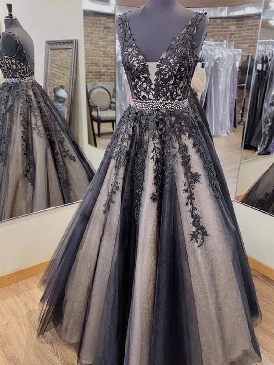 Langes rückenfreies Abendkleid mit V-Ausschnitt und Tüllspitze in A-Linie