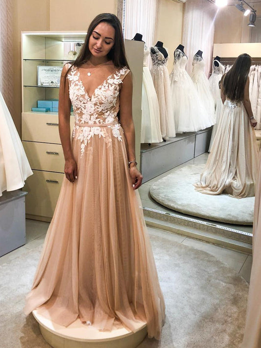 Long A-line V Neck Tulle Lace Floral Formal Graduation Prom Dresses