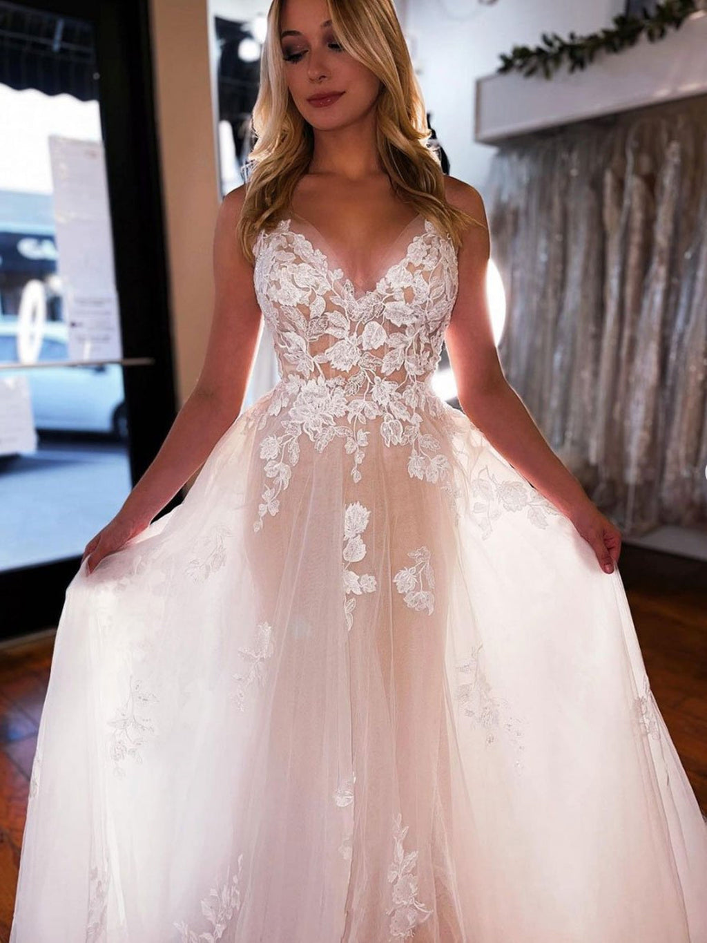 Long A-line V-neck Tulle Lace Floral Spaghetti Straps Backless Wedding Dresses