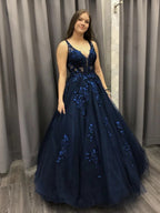 Robes de soirée formelles longues en tulle et dentelle, coupe évasée, col en V, bleu marine foncé, robes de bal
