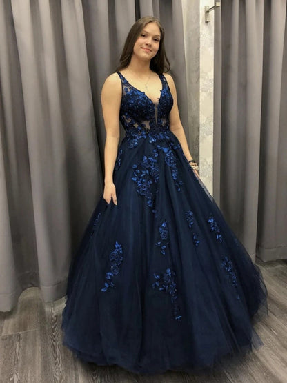 Long A-line V-neck Tulle Lace Formal Evening Dresses Dark Navy Prom Dresses