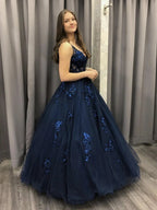 Robes de soirée formelles longues en tulle et dentelle, coupe évasée, col en V, bleu marine foncé, robes de bal