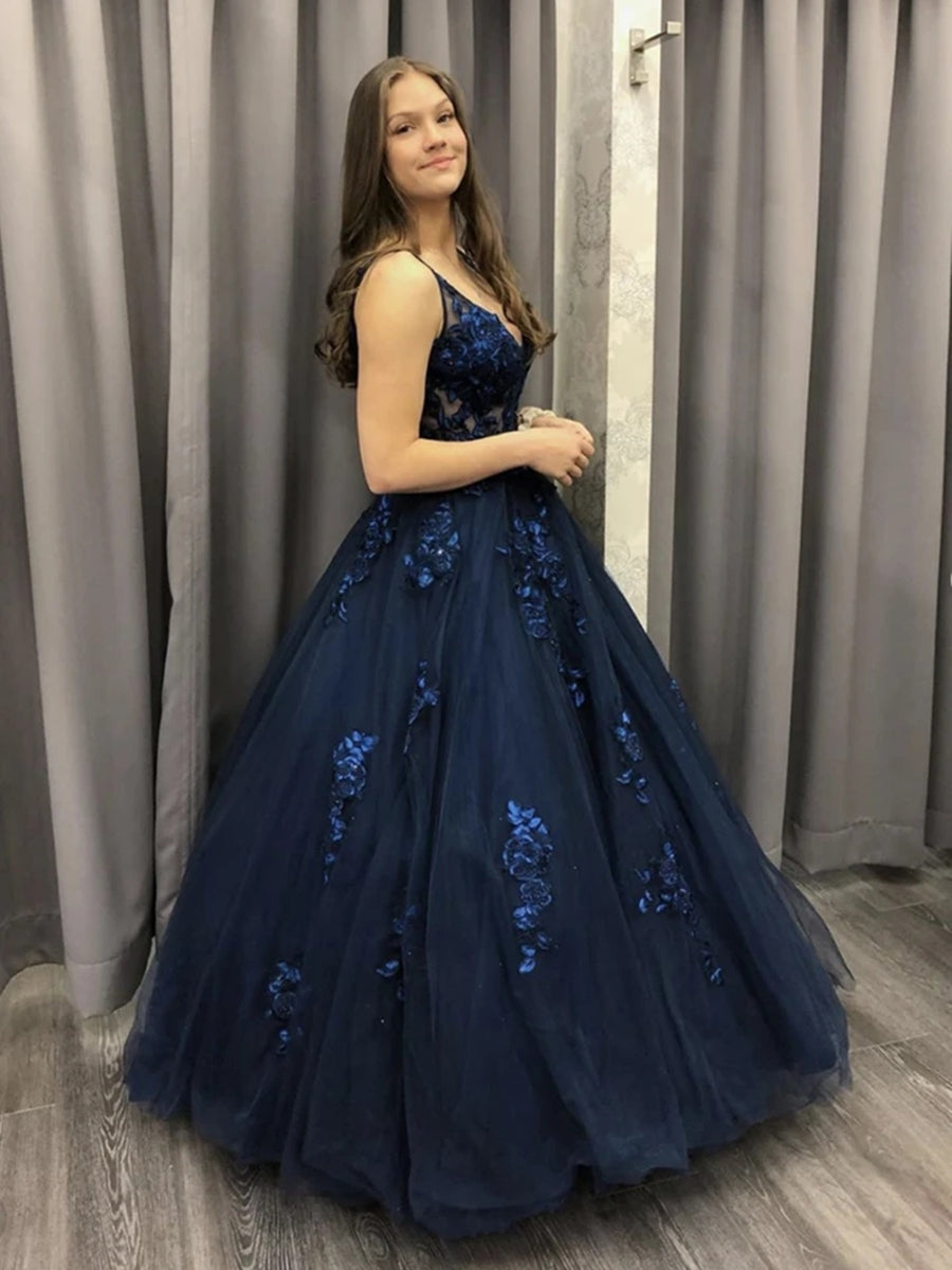 Vestidos de noche formales de tul con escote en V y corte A largos, vestidos de fiesta azul marino oscuro