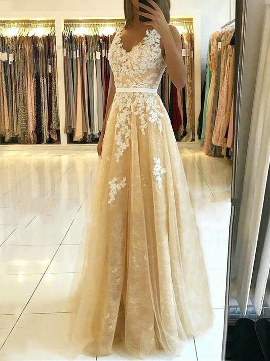 Long A-line v-neck Tulle Lace Prom Dress Champagne Backless Formal Graduation Evening Dresses