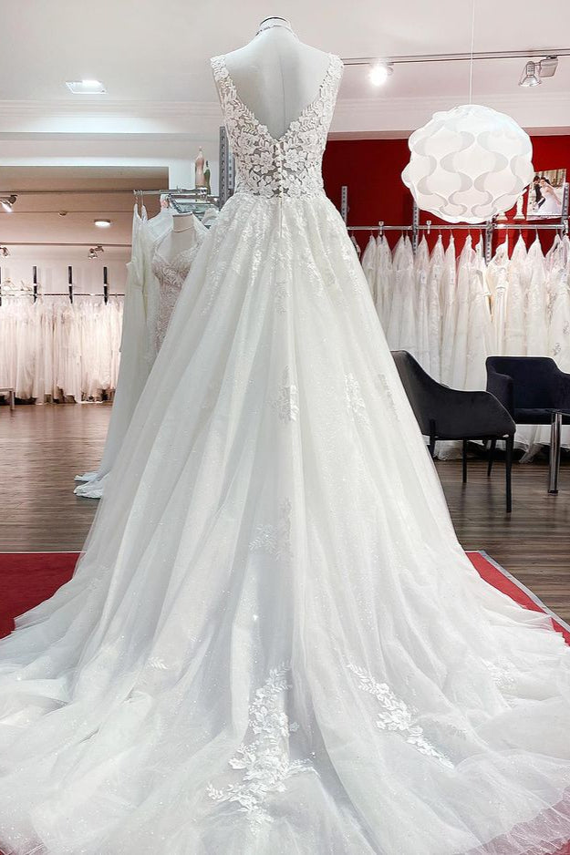 Robes de mariée blanches à volants en dentelle de tulle, longues, ligne A, col en V