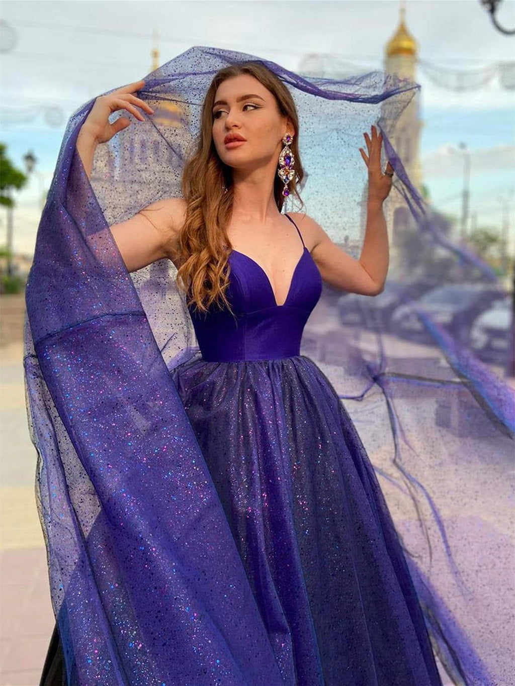 Vestido longo de baile em tule com decote em V, linha A, costas descobertas, vestido formal para noite