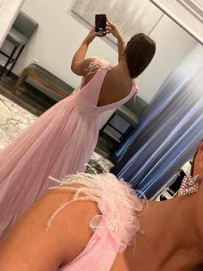 Long A-line V-neck Tulle Prom Dress with Pockets Pink Formal Graduation Evening Dresses