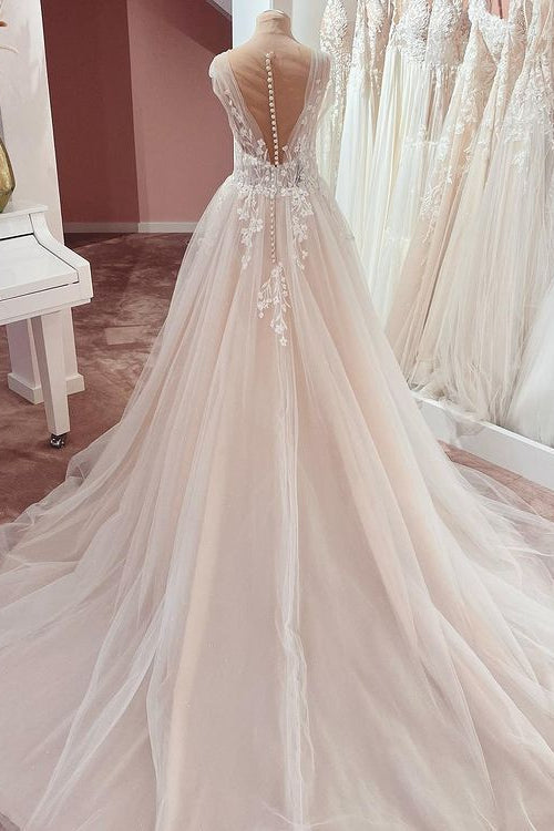 Robe de mariée longue en ligne A, col en V, larges bretelles, appliques en dentelle et tulle