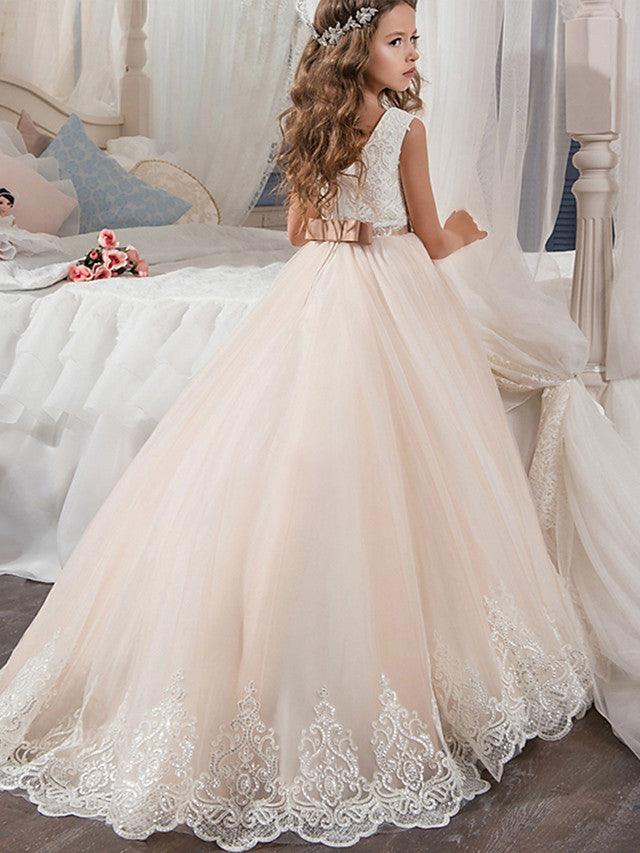 Long Ball Gown Chiffon Tulle Jewel Neck Wedding Flower Girl Dress
