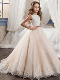 Long Ball Gown Chiffon Tulle Jewel Neck Wedding Flower Girl Dress