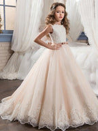 Long Ball Gown Chiffon Tulle Jewel Neck Wedding Flower Girl Dress