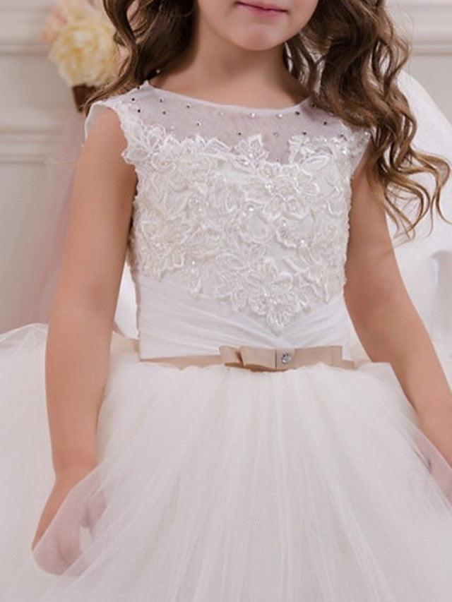 Long Ball Gown Flower Girl Dress Jewel Neck Appliques Party Wedding Gown