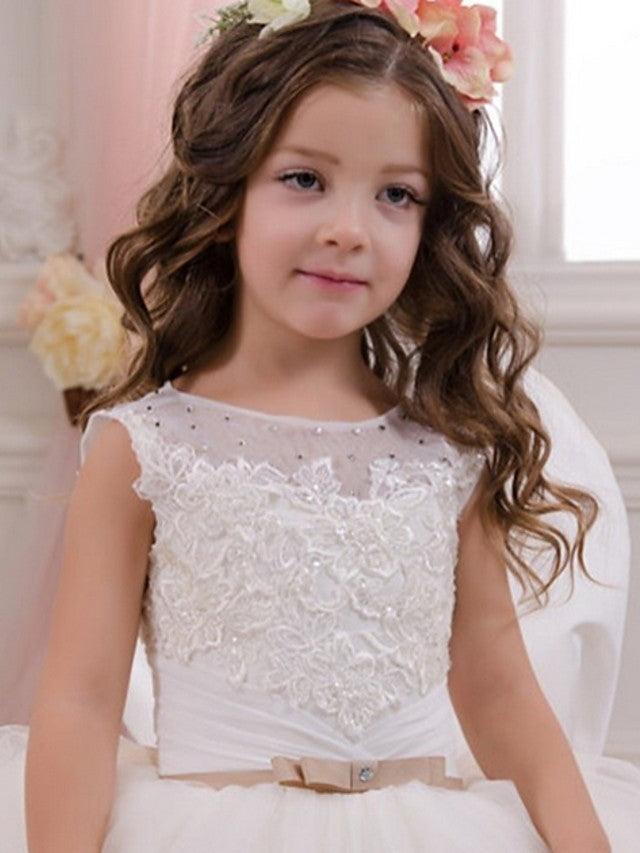 Long Ball Gown Flower Girl Dress Jewel Neck Appliques Party Wedding Gown