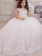 Long Ball Gown Flower Girl Dress Jewel Neck Appliques Party Wedding Gown