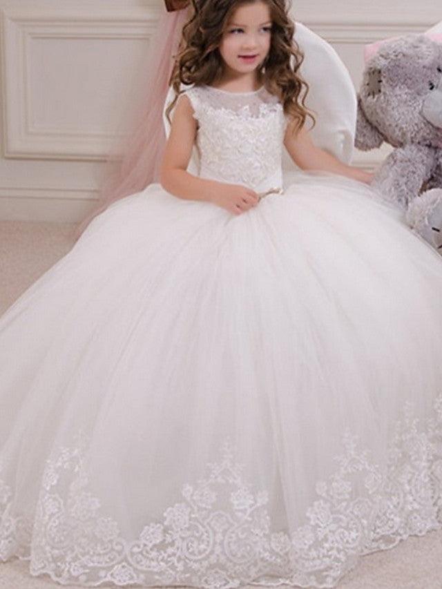 Long Ball Gown Flower Girl Dress Jewel Neck Appliques Party Wedding Gown