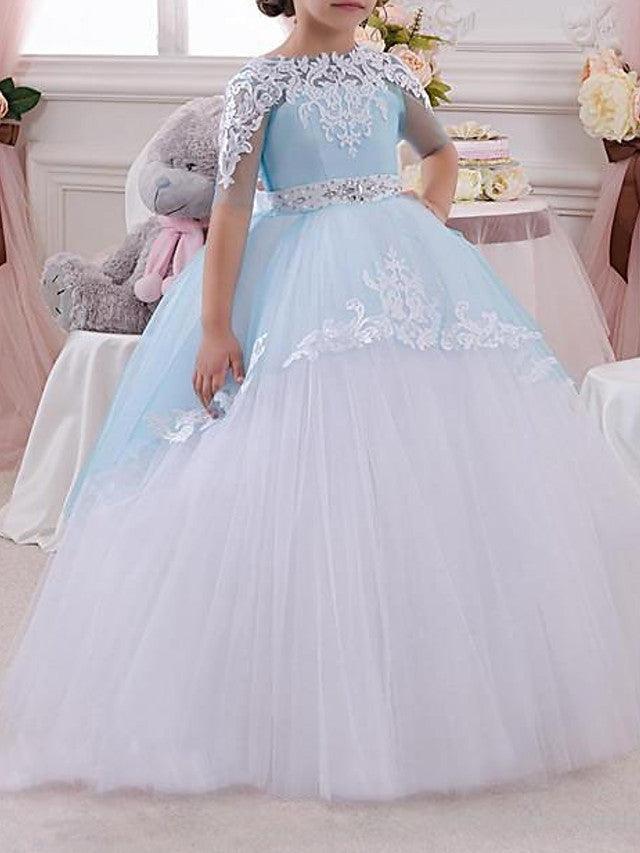 Jewel Neck Tulle Lace Ball Gown Flower Girl Half Sleeve Floor Length Dress