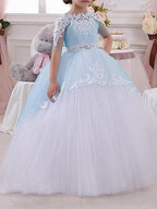 Jewel Neck Tulle Lace Ball Gown Flower Girl Half Sleeve Floor Length Dress