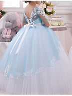 Jewel Neck Tulle Lace Ball Gown Flower Girl Half Sleeve Floor Length Dress
