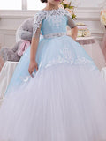 Jewel Neck Tulle Lace Ball Gown Flower Girl Half Sleeve Floor Length Dress