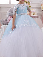 Jewel Neck Tulle Lace Ball Gown Flower Girl Half Sleeve Floor Length Dress