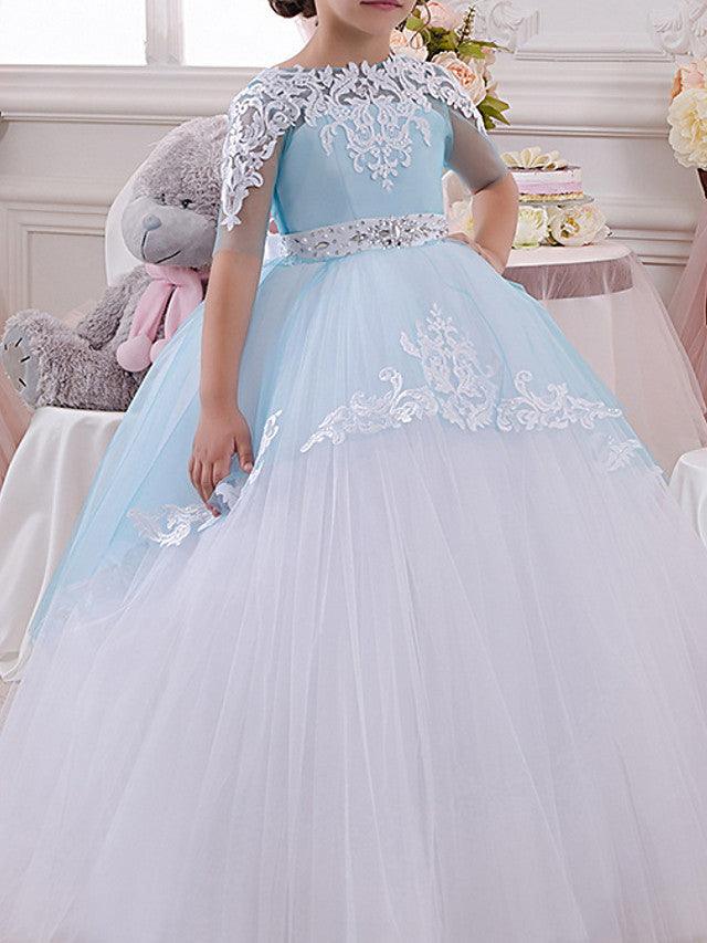 Jewel Neck Tulle Lace Ball Gown Flower Girl Half Sleeve Floor Length Dress