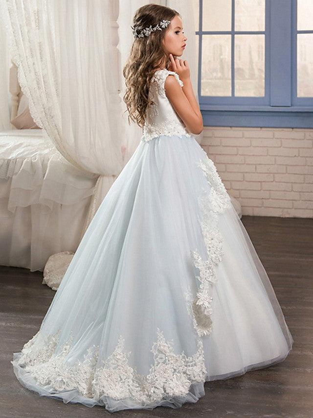 Jewel Neck Lace Ball Gown Flower Girl Dress With Appliques For Wedding
