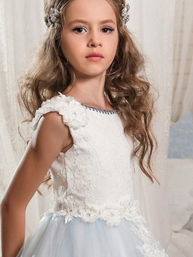 Jewel Neck Lace Ball Gown Flower Girl Dress With Appliques For Wedding