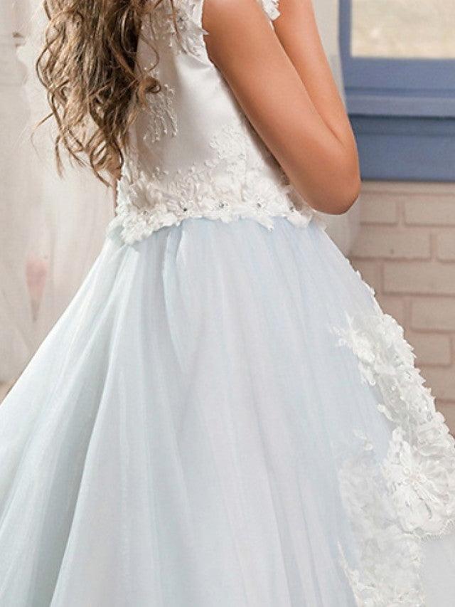 Jewel Neck Lace Ball Gown Flower Girl Dress With Appliques For Wedding