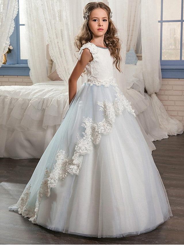 Jewel Neck Lace Ball Gown Flower Girl Dress With Appliques For Wedding
