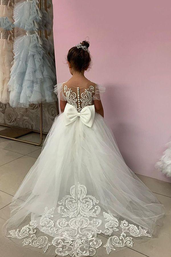 Elegant Tulle Ball Gown Flower Girl Dress With Lace Appliques And Court Train