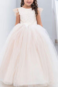 Elegant Tulle Ball Gown Flower Girl Dress With Lace Appliques And Court Train