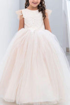 Elegant Tulle Ball Gown Flower Girl Dress With Lace Appliques And Court Train