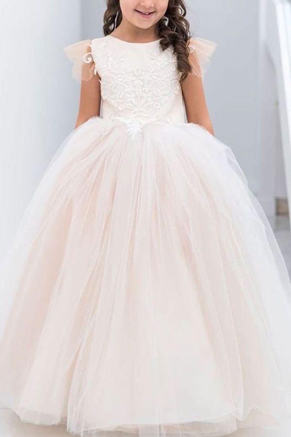 Elegant Tulle Ball Gown Flower Girl Dress With Lace Appliques And Court Train
