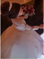 Jewel Neck Lace Ball Gown Flower Girl Dress With Long Sleeves For Wedding