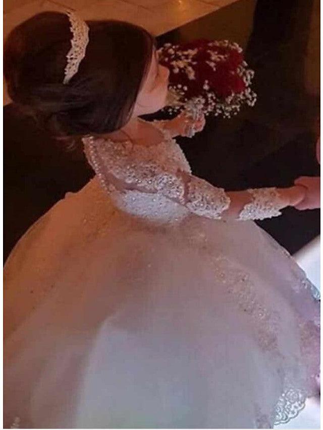 Jewel Neck Lace Ball Gown Flower Girl Dress With Long Sleeves For Wedding