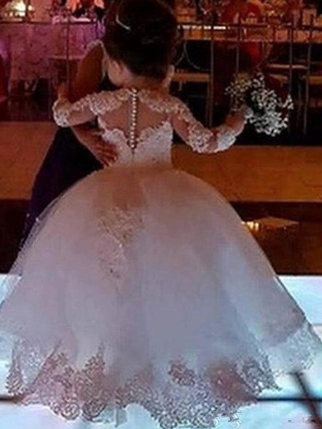 Jewel Neck Lace Ball Gown Flower Girl Dress With Long Sleeves For Wedding