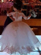 Jewel Neck Lace Ball Gown Flower Girl Dress With Long Sleeves For Wedding