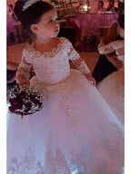 Jewel Neck Lace Ball Gown Flower Girl Dress With Long Sleeves For Wedding