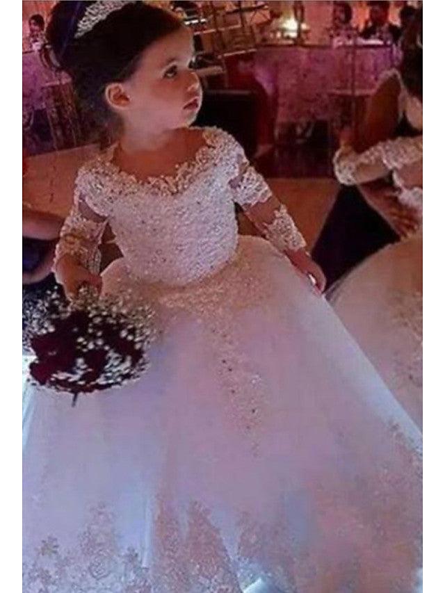 Jewel Neck Lace Ball Gown Flower Girl Dress With Long Sleeves For Wedding