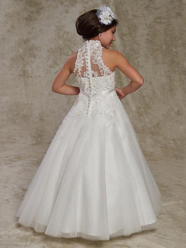 Long Lace Ball Gown Sleeveless High Neck Flower Girl Dress Beading Appliques