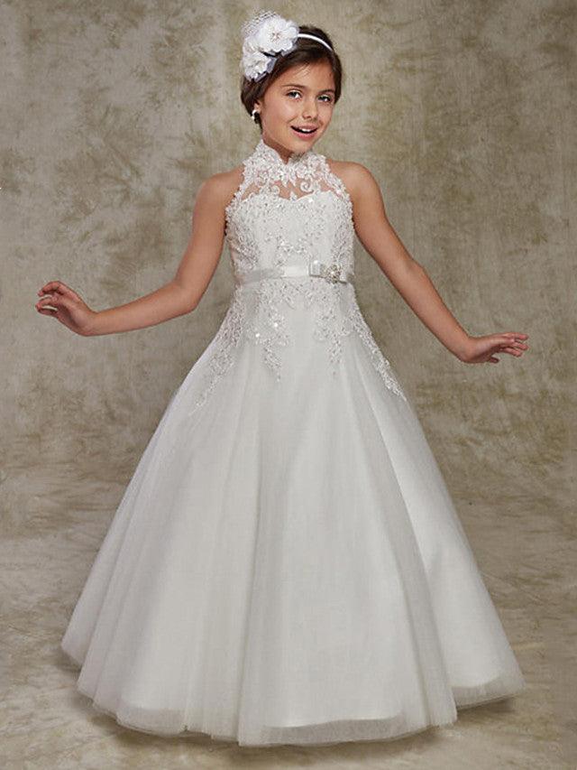 Long Lace Ball Gown Sleeveless High Neck Flower Girl Dress Beading Appliques
