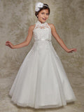 Long Lace Ball Gown Sleeveless High Neck Flower Girl Dress Beading Appliques