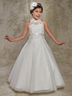 Long Lace Ball Gown Sleeveless High Neck Flower Girl Dress Beading Appliques