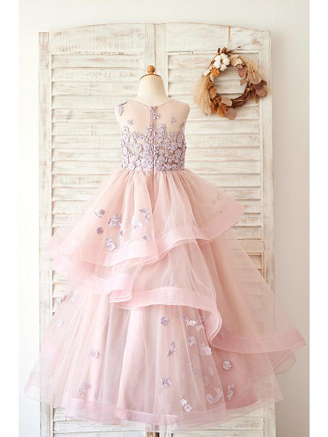 Long Lace Ball Gown Sleeveless Jewel Neck Wedding Dress With Tulle Flower Girl