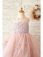 Long Lace Ball Gown Sleeveless Jewel Neck Wedding Dress With Tulle Flower Girl