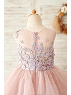 Long Lace Ball Gown Sleeveless Jewel Neck Wedding Dress With Tulle Flower Girl