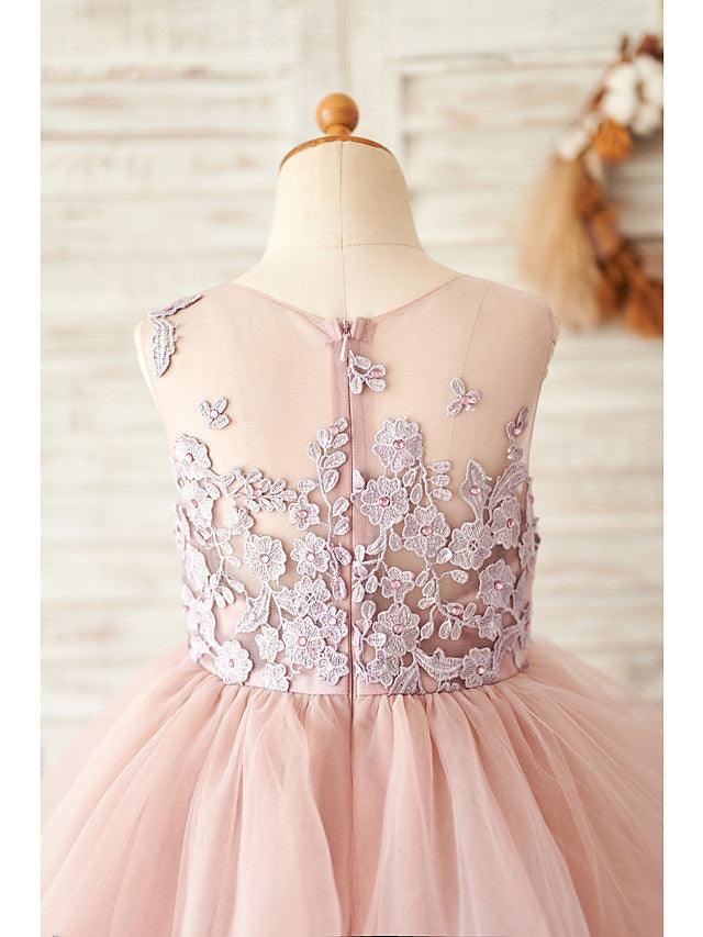 Long Lace Ball Gown Sleeveless Jewel Neck Wedding Dress With Tulle Flower Girl