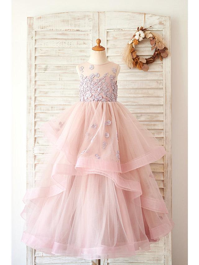 Long Lace Ball Gown Sleeveless Jewel Neck Wedding Dress With Tulle Flower Girl